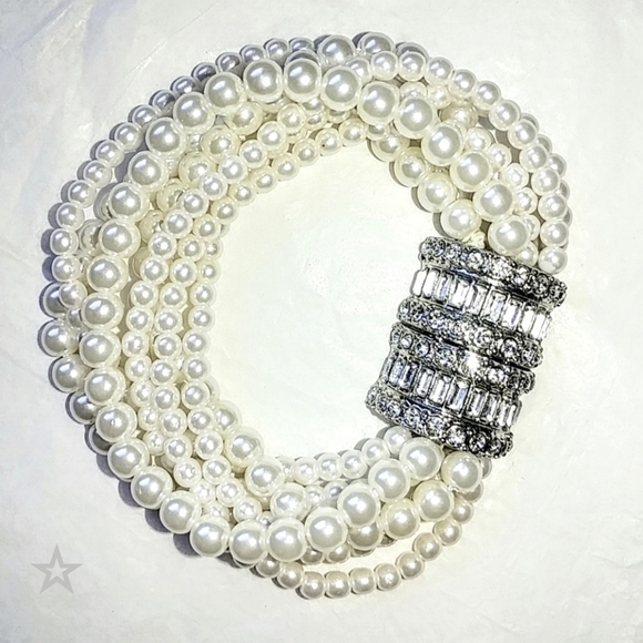 Jewelry - 7-STRAND FAUX PEARL BRACELET WITH HUGE RHINESTONE CLASP